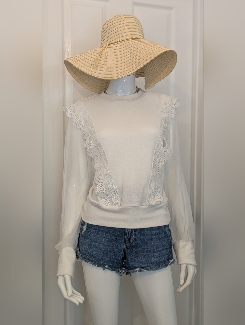 Sugar Lips White Lace Sweater Sheer Crewneck Top L